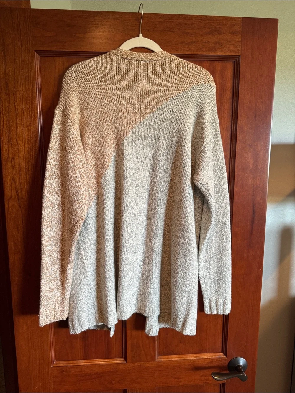 CAbi Two-Tone Open-Front Cardigan in an orangish and grey color
